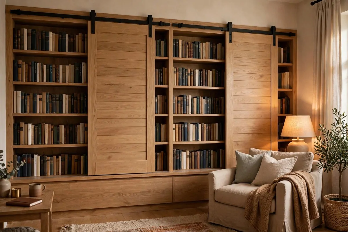 Bookshelves with elegant sliding panels partially covering the books