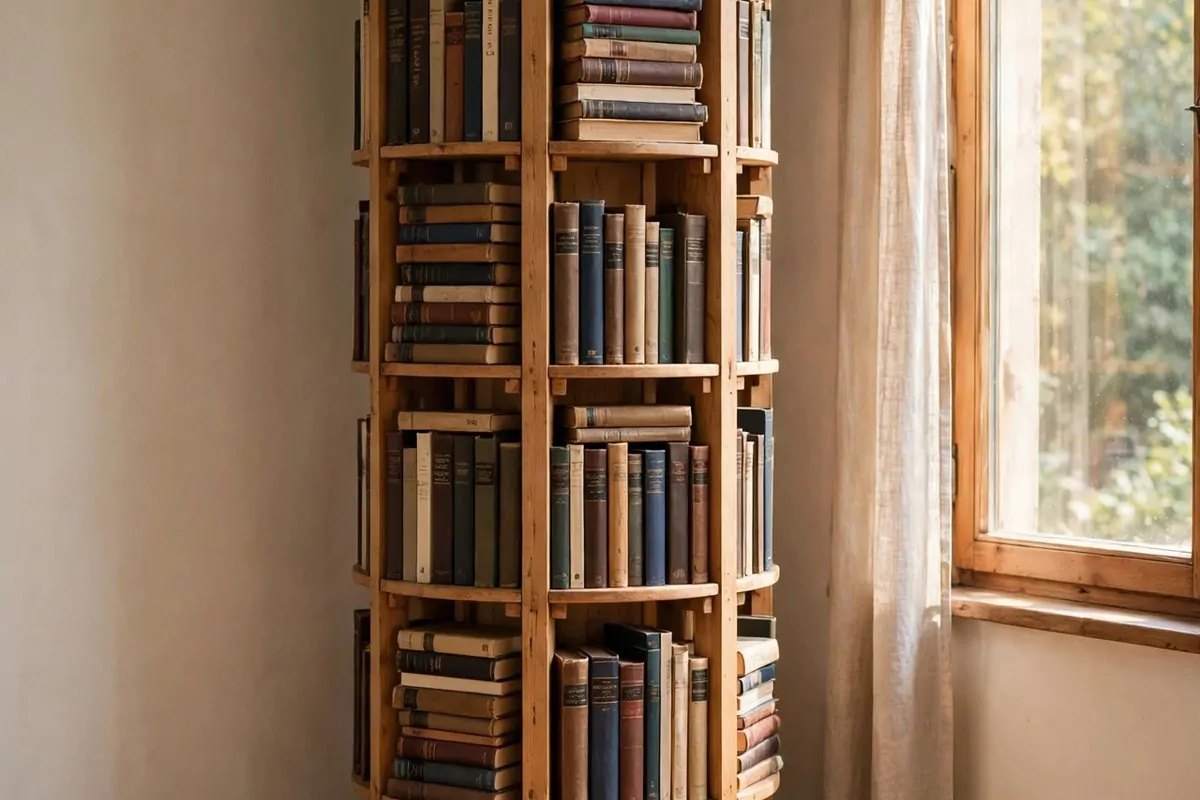 Spinning wooden book tower full of books in a small room corner
