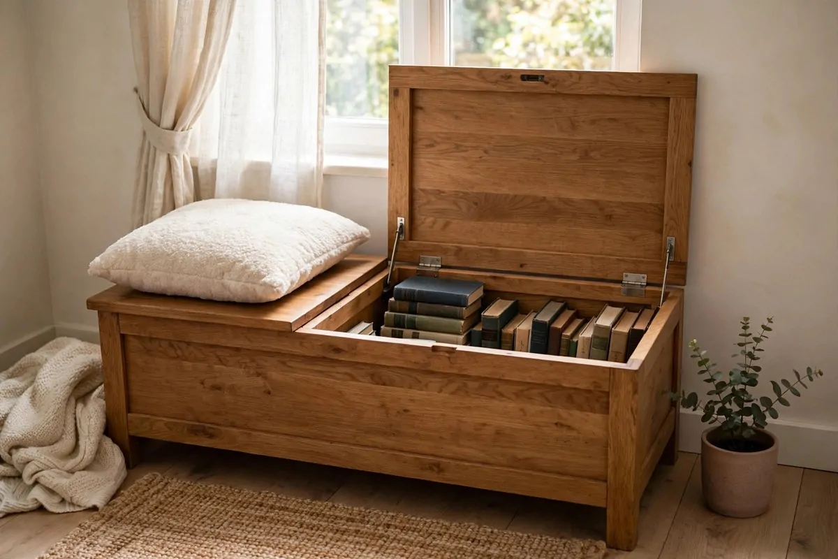 Wooden storage bench with books stored underneath and cushions on top
