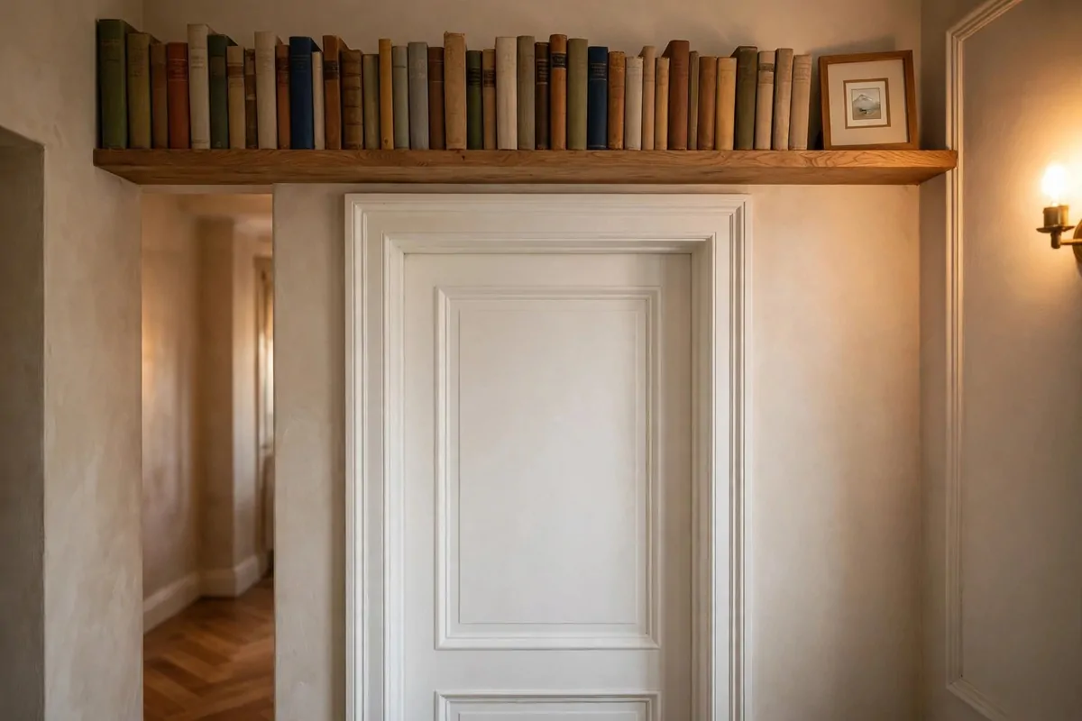 Long bookshelf mounted high above a doorframe filled with books
