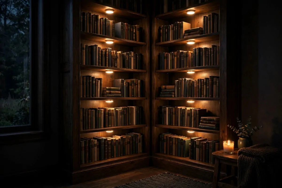 Warm puck lights glowing under bookshelves in a cozy dark corner