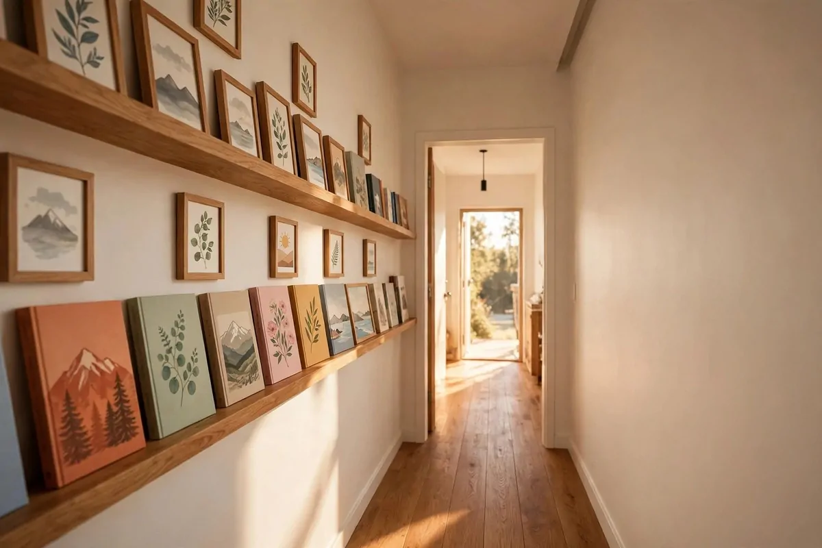 Narrow hallway with shallow bookshelves lining one wall