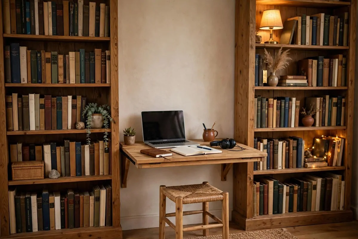 Wall-mounted folding desk between two bookshelves in a small study corner