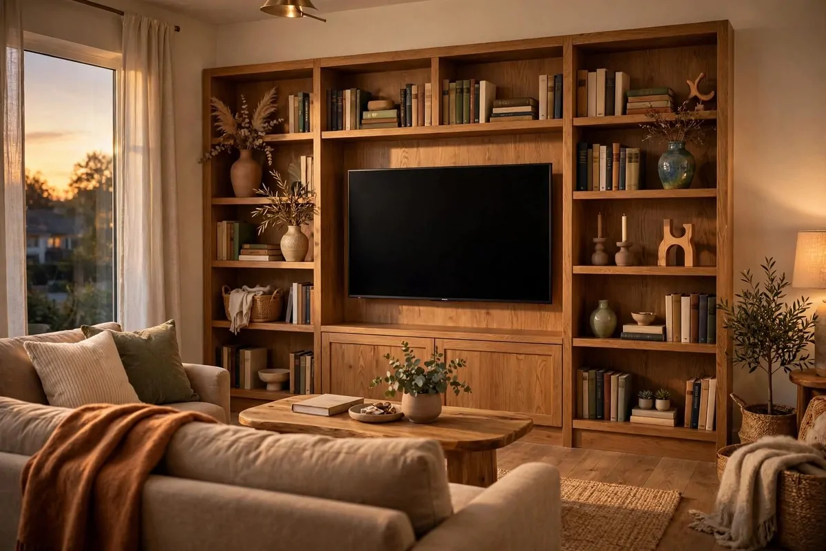 Media wall with bookshelves built around a flat-screen TV