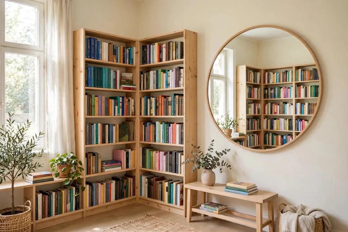 Bright small library with pale walls, a mirror, and light wood bookshelves
