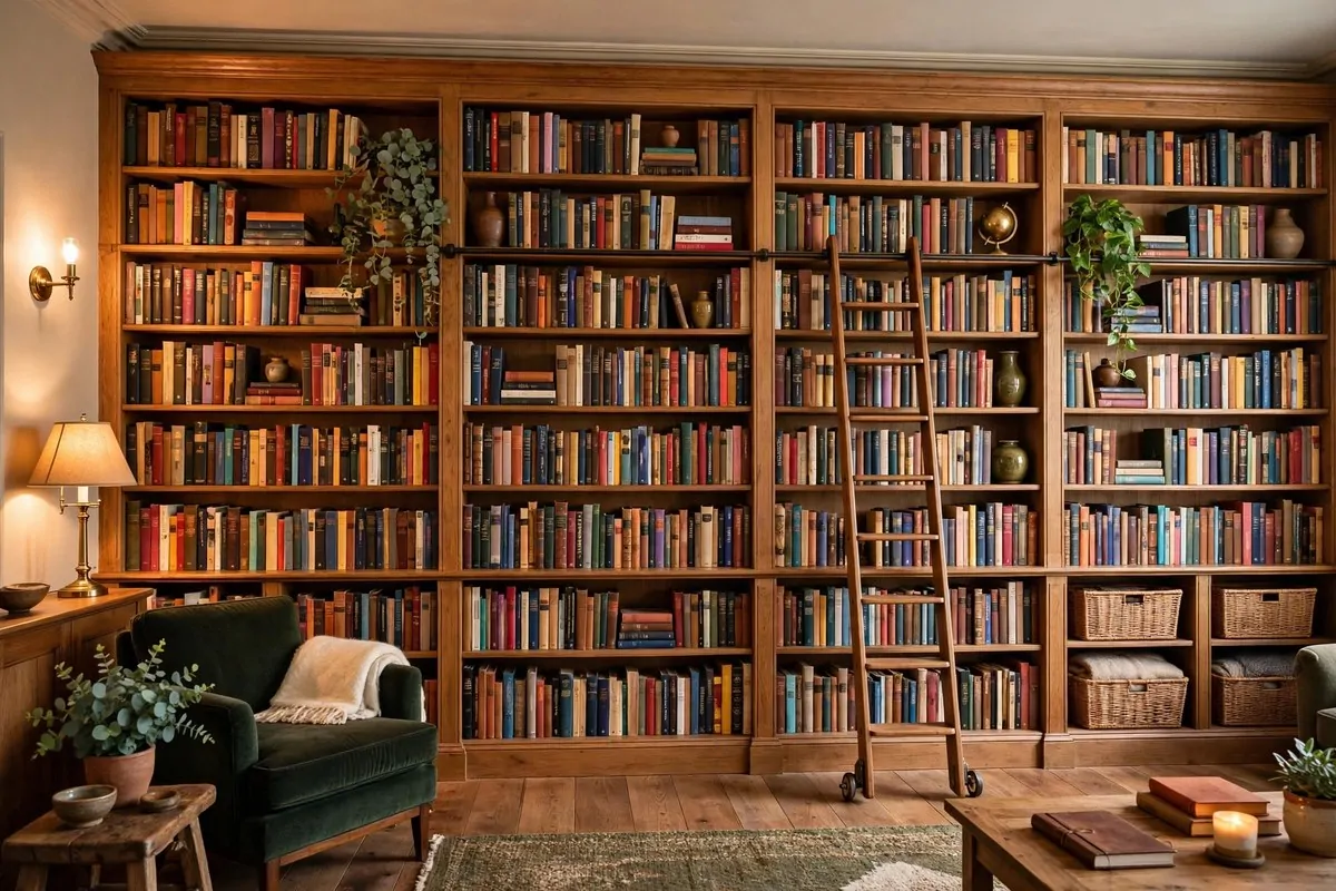 20 Spare Bedroom Library Ideas That Put Extra Space to Work 2 Full wall of wooden floor-to-ceiling bookshelves filled with books in a spare bedroom