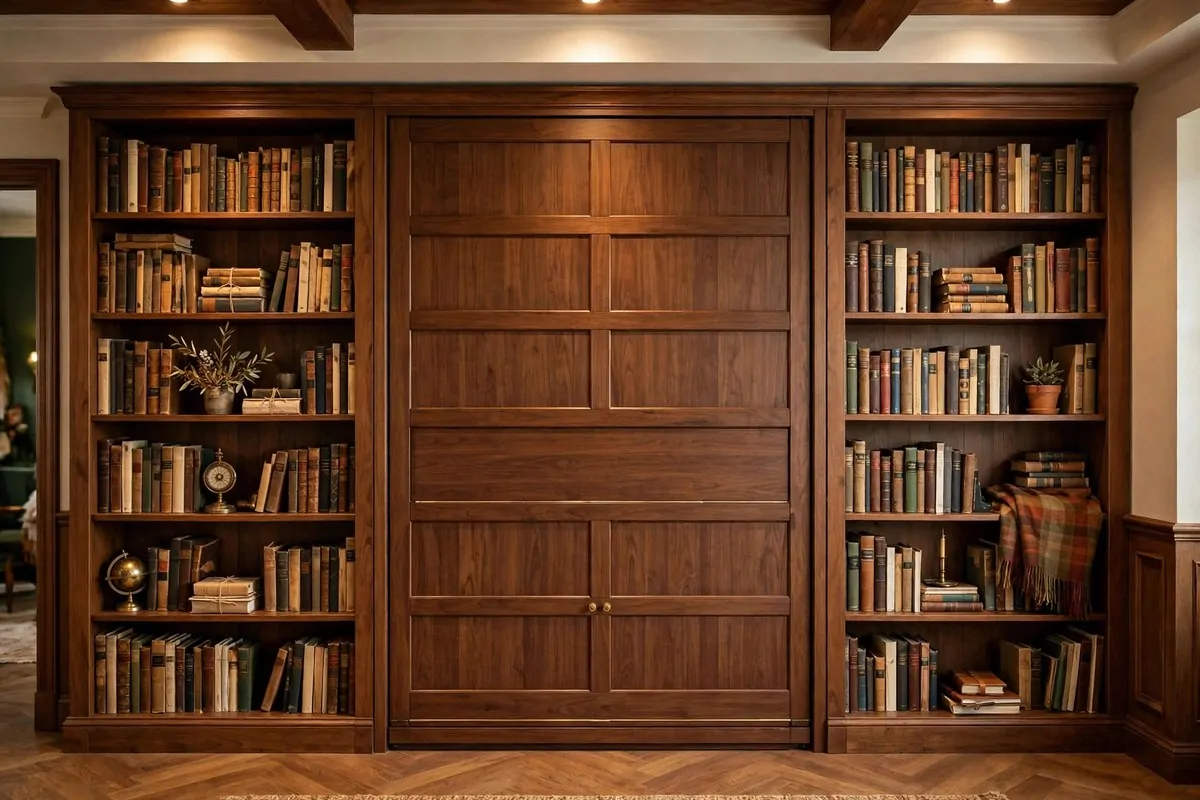 20 Spare Bedroom Library Ideas That Put Extra Space to Work 3 Fold-down Murphy bed between two tall bookshelves in a home library room