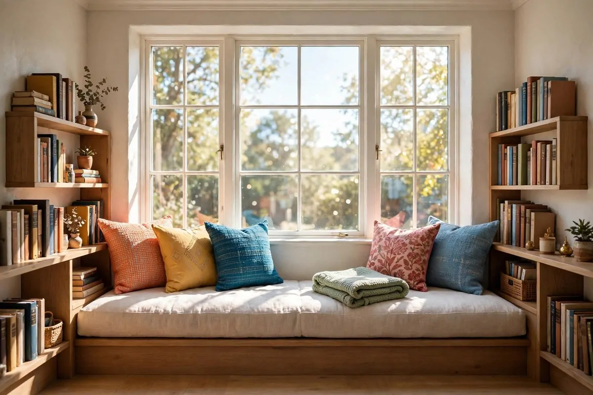 20 Spare Bedroom Library Ideas That Put Extra Space to Work 4 Cushioned window seat with pillows and books in a sunny spare bedroom library