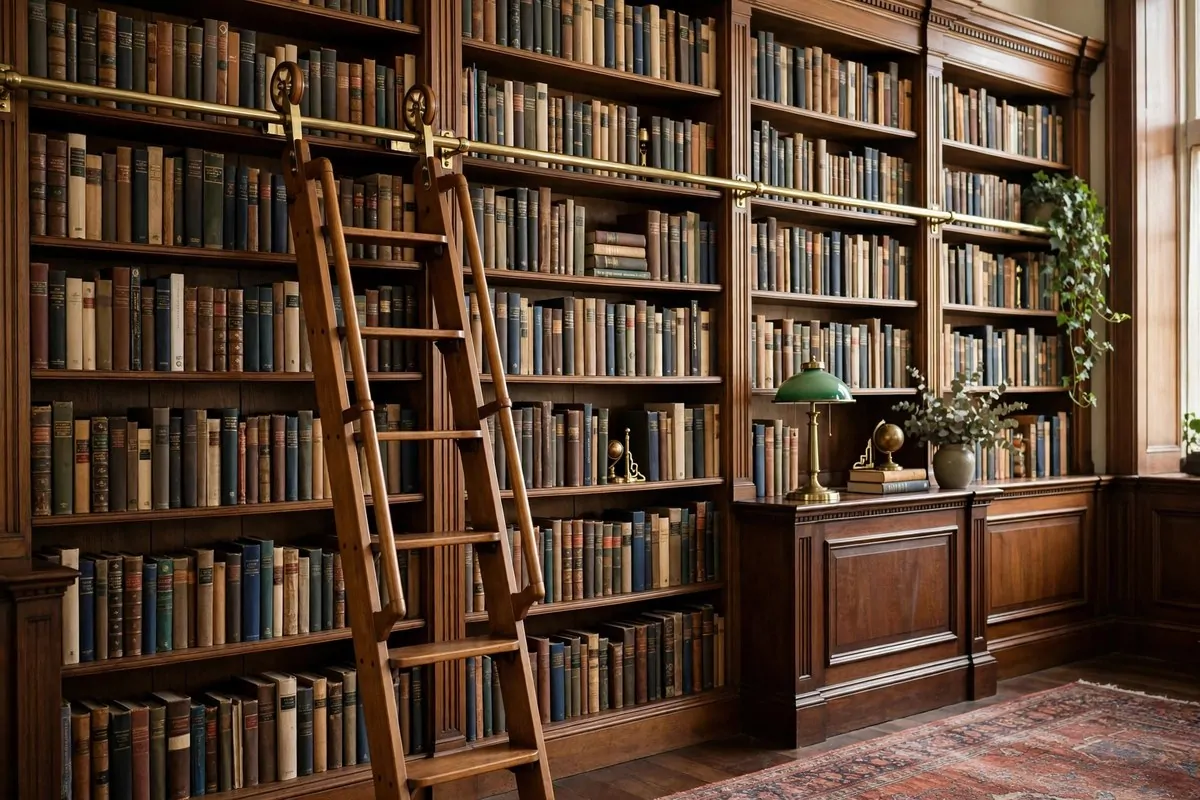 20 Spare Bedroom Library Ideas That Put Extra Space to Work 5 Wooden rolling library ladder against tall bookshelves in a home library