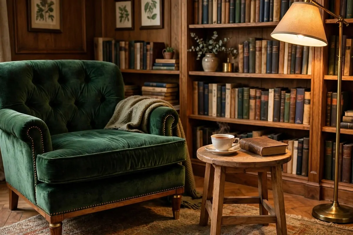 20 Spare Bedroom Library Ideas That Put Extra Space to Work 6 Velvet armchair with side table and floor lamp in a cozy library corner
