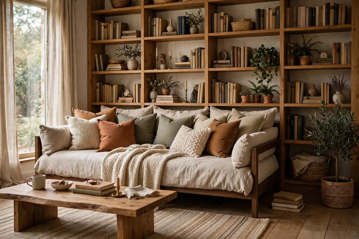 20 Spare Bedroom Library Ideas That Put Extra Space to Work 7 Daybed with cushions and pillows styled as a sofa in a spare bedroom library