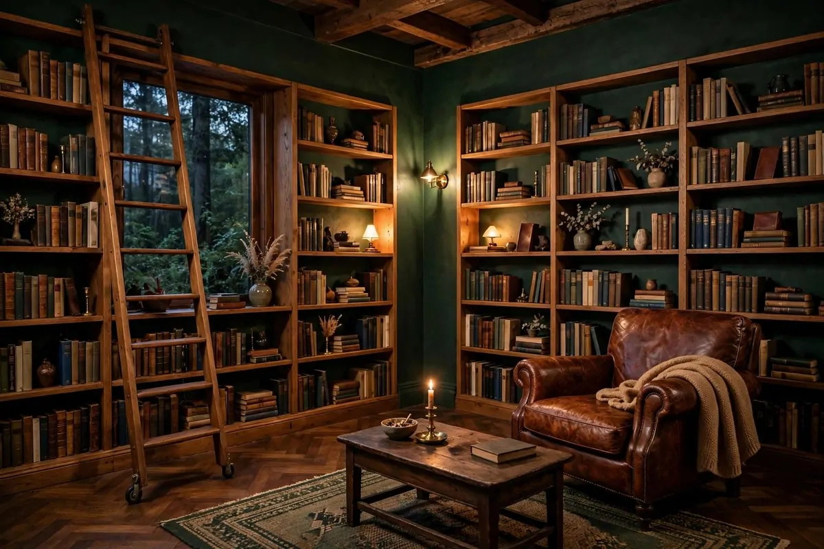 20 Spare Bedroom Library Ideas That Put Extra Space to Work 8 Spare bedroom library with deep moody green walls and wooden bookshelves