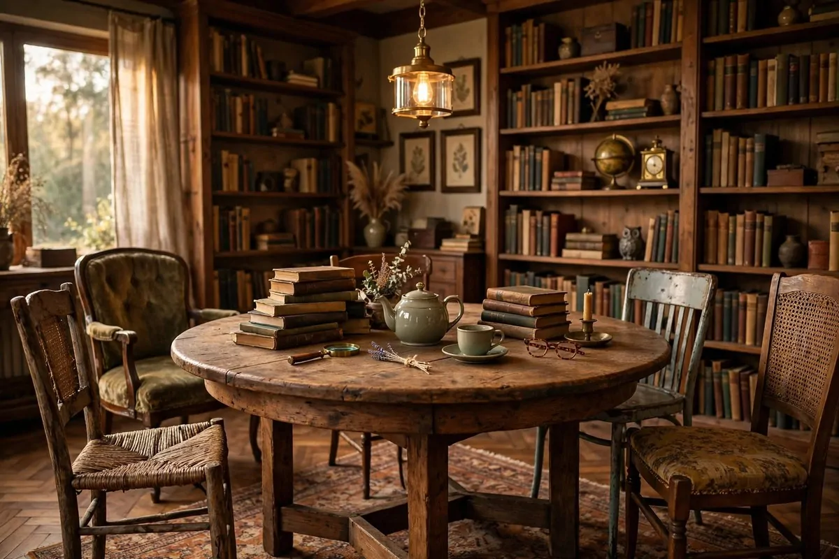 20 Spare Bedroom Library Ideas That Put Extra Space to Work 9 Large wooden reading table with mismatched chairs in a home library room
