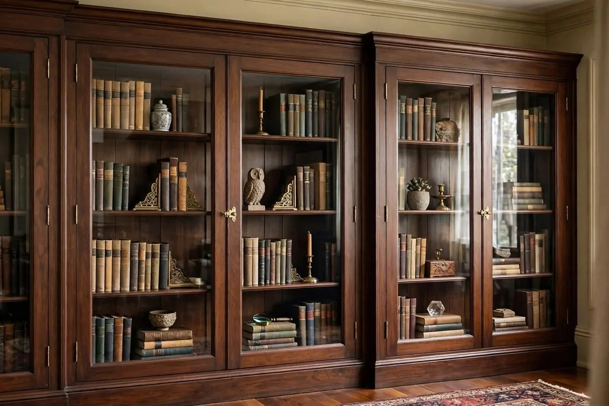 20 Spare Bedroom Library Ideas That Put Extra Space to Work 10 Dark wood bookcases with glass doors displaying books and decor in a library