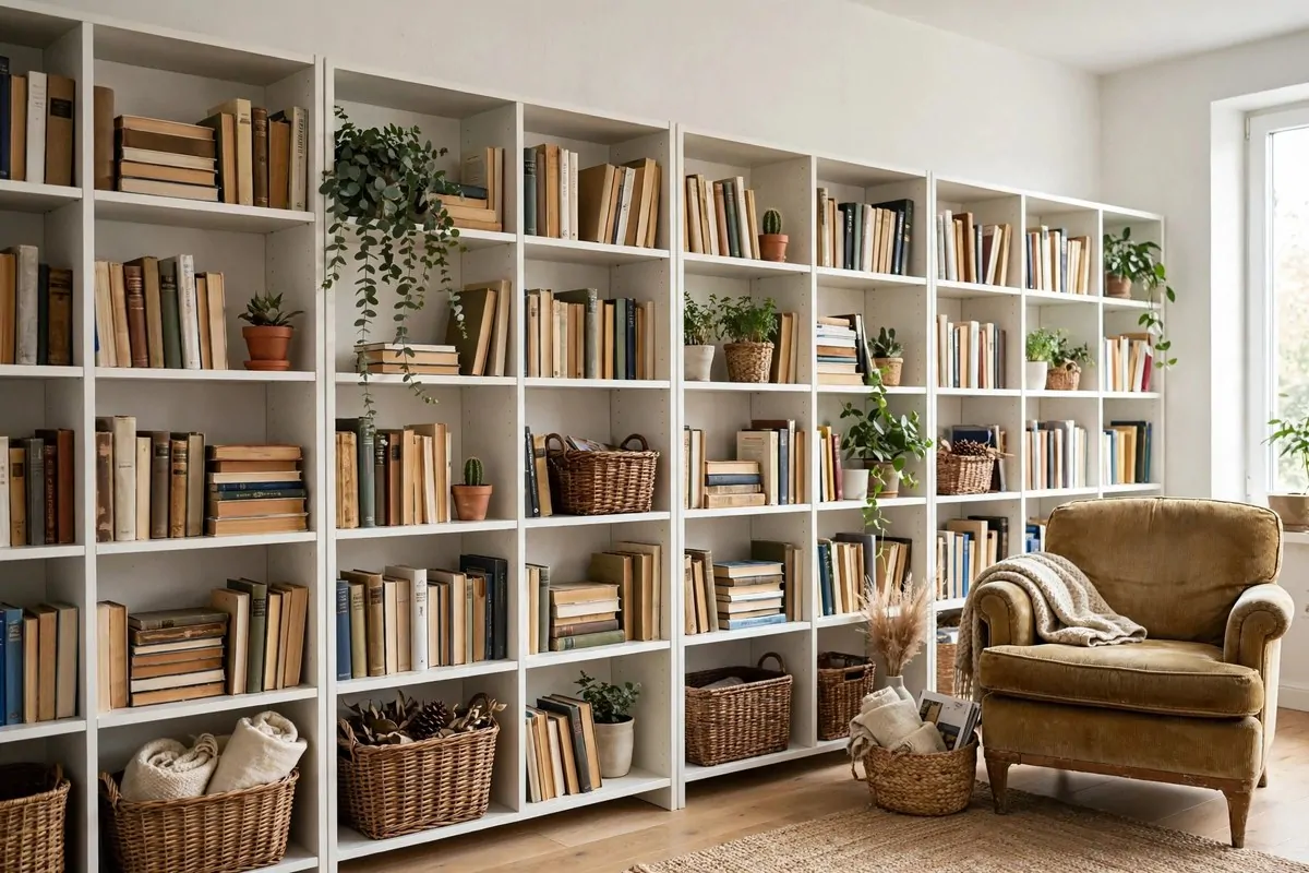 20 Spare Bedroom Library Ideas That Put Extra Space to Work 11 Simple white bookshelves styled nicely with books and a thrifted armchair in a small library