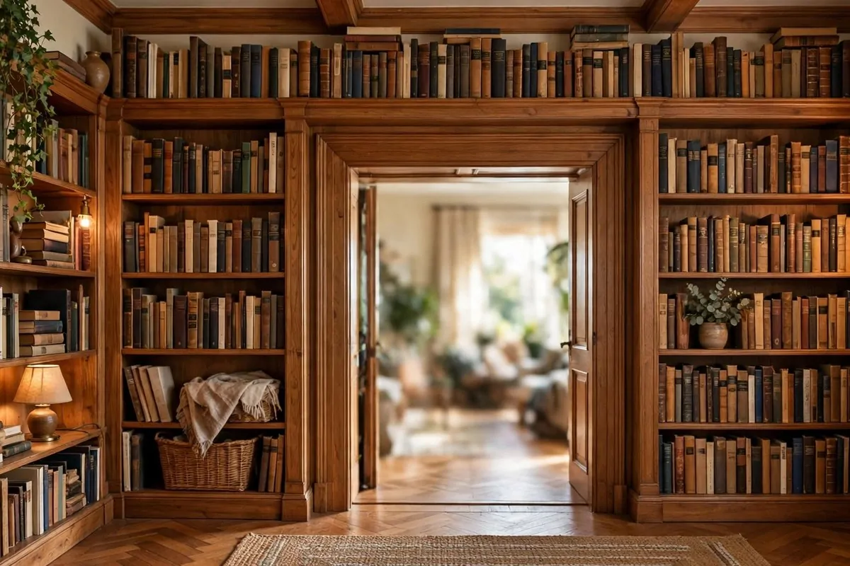 20 Spare Bedroom Library Ideas That Put Extra Space to Work 12 Bookshelves framing a doorway in a home library, books surrounding the door frame