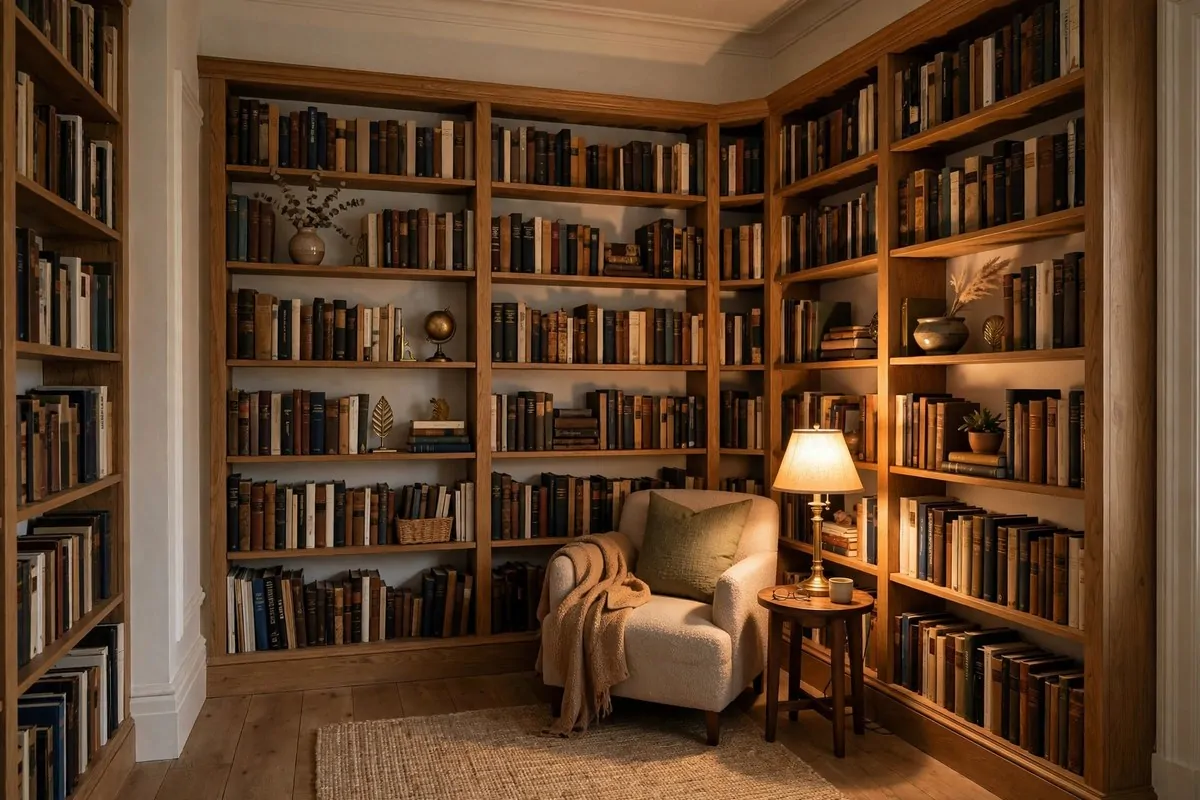 20 Spare Bedroom Library Ideas That Put Extra Space to Work 13 L-shaped corner bookshelves filled with books in a cozy library room
