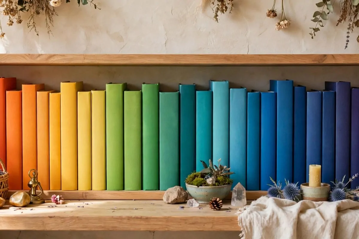 20 Spare Bedroom Library Ideas That Put Extra Space to Work 14 Bookshelf with books arranged in rainbow color order creating a vibrant wall