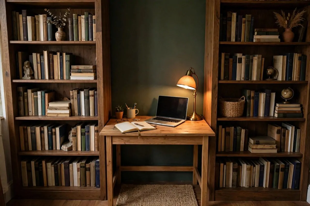 20 Spare Bedroom Library Ideas That Put Extra Space to Work 15 Small wooden desk tucked between bookshelves with a chair and warm lamp