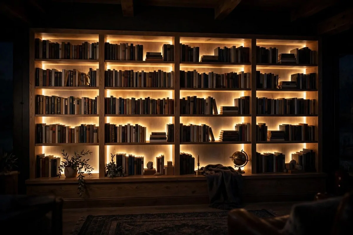 20 Spare Bedroom Library Ideas That Put Extra Space to Work 16 Bookshelves with warm LED strip lights glowing behind books at night