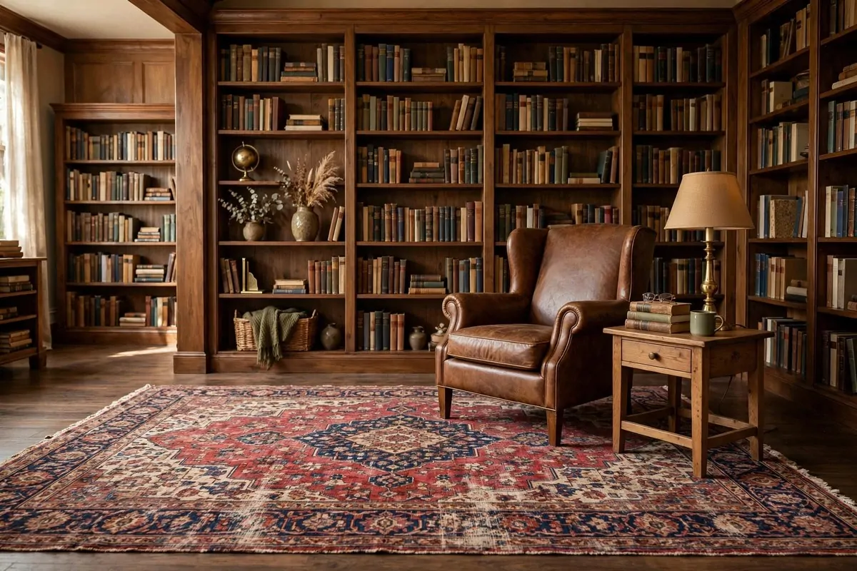 20 Spare Bedroom Library Ideas That Put Extra Space to Work 17 Vintage patterned rug under a reading chair and side table in a library