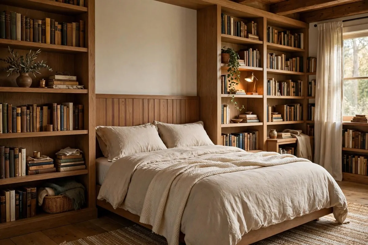 20 Spare Bedroom Library Ideas That Put Extra Space to Work 18 Guest bed with bookshelves built around the headboard wall in a cozy room