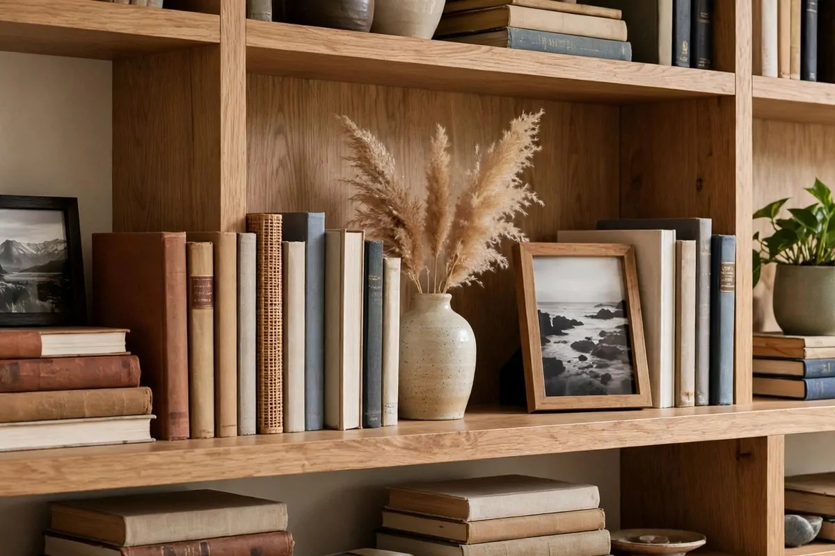 20 Spare Bedroom Library Ideas That Put Extra Space to Work 19 Beautifully styled bookshelf with books, vases, framed photos and a small plant