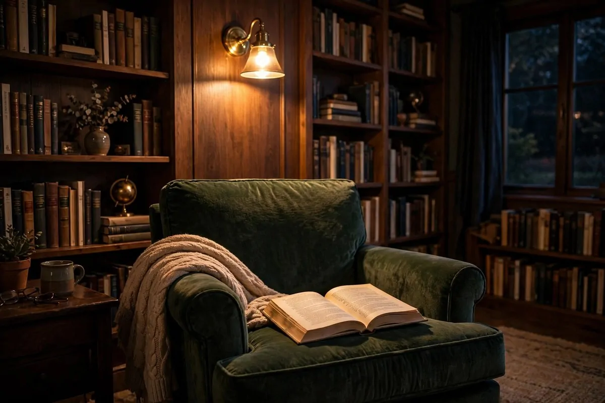 20 Spare Bedroom Library Ideas That Put Extra Space to Work 20 Brass wall sconce glowing warmly above a reading chair in a library