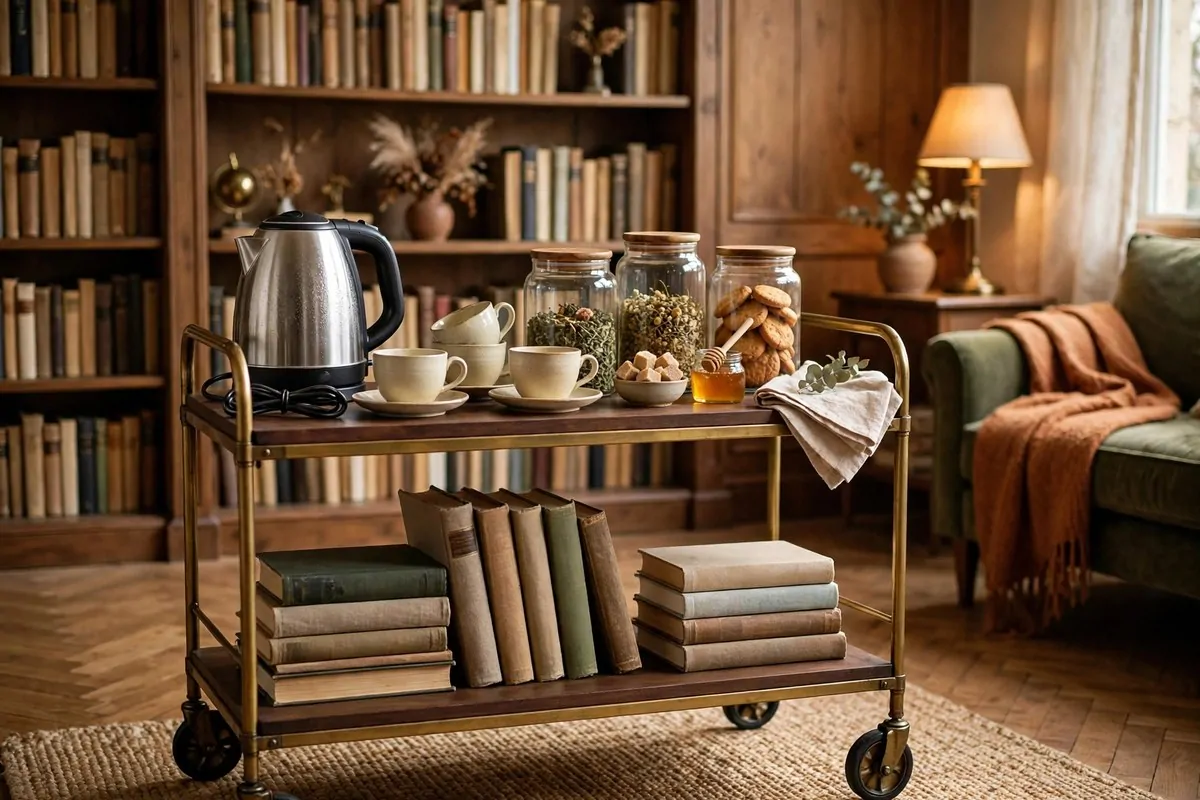 20 Spare Bedroom Library Ideas That Put Extra Space to Work 21 Small bar cart with teapot, cups and books styled as a tea station in a library