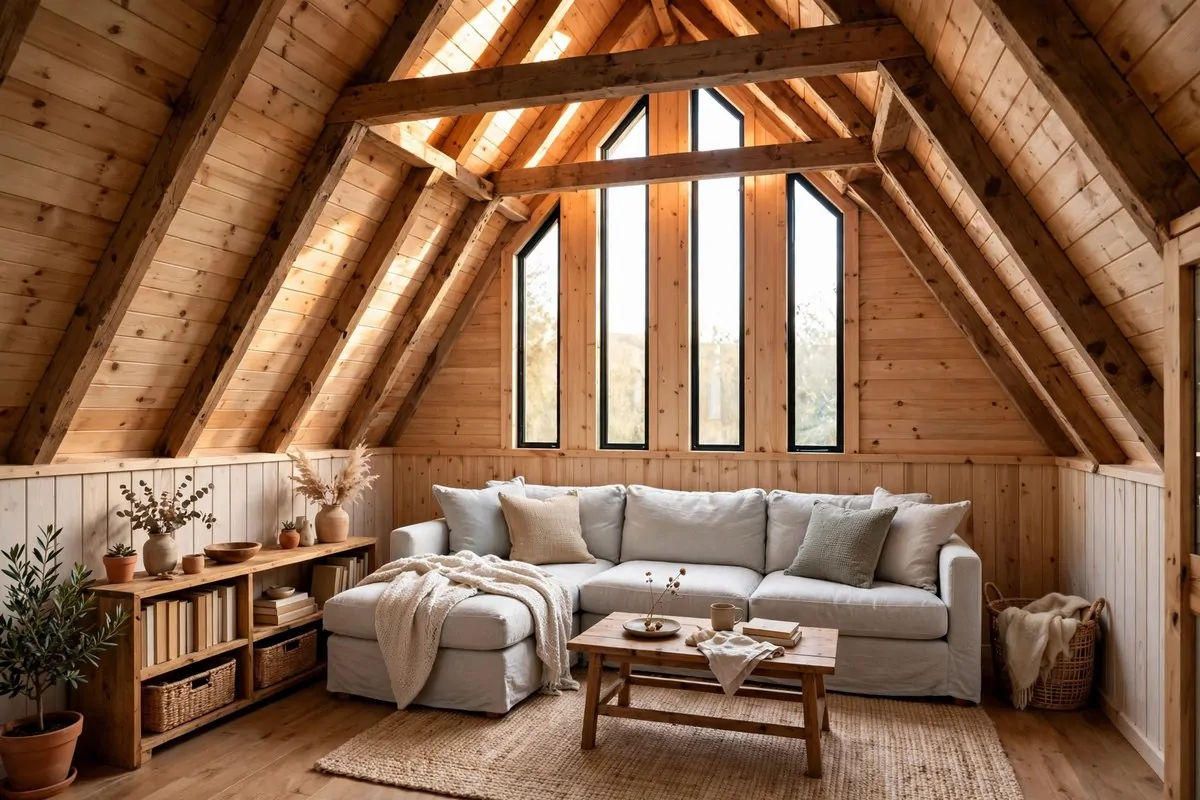 20 Tiny Home Ideas Interiors Shed Conversions That Look Like Dream Homes 1 Cozy shed tiny home living room with a high vaulted ceiling, tall windows, and a light sectional sofa