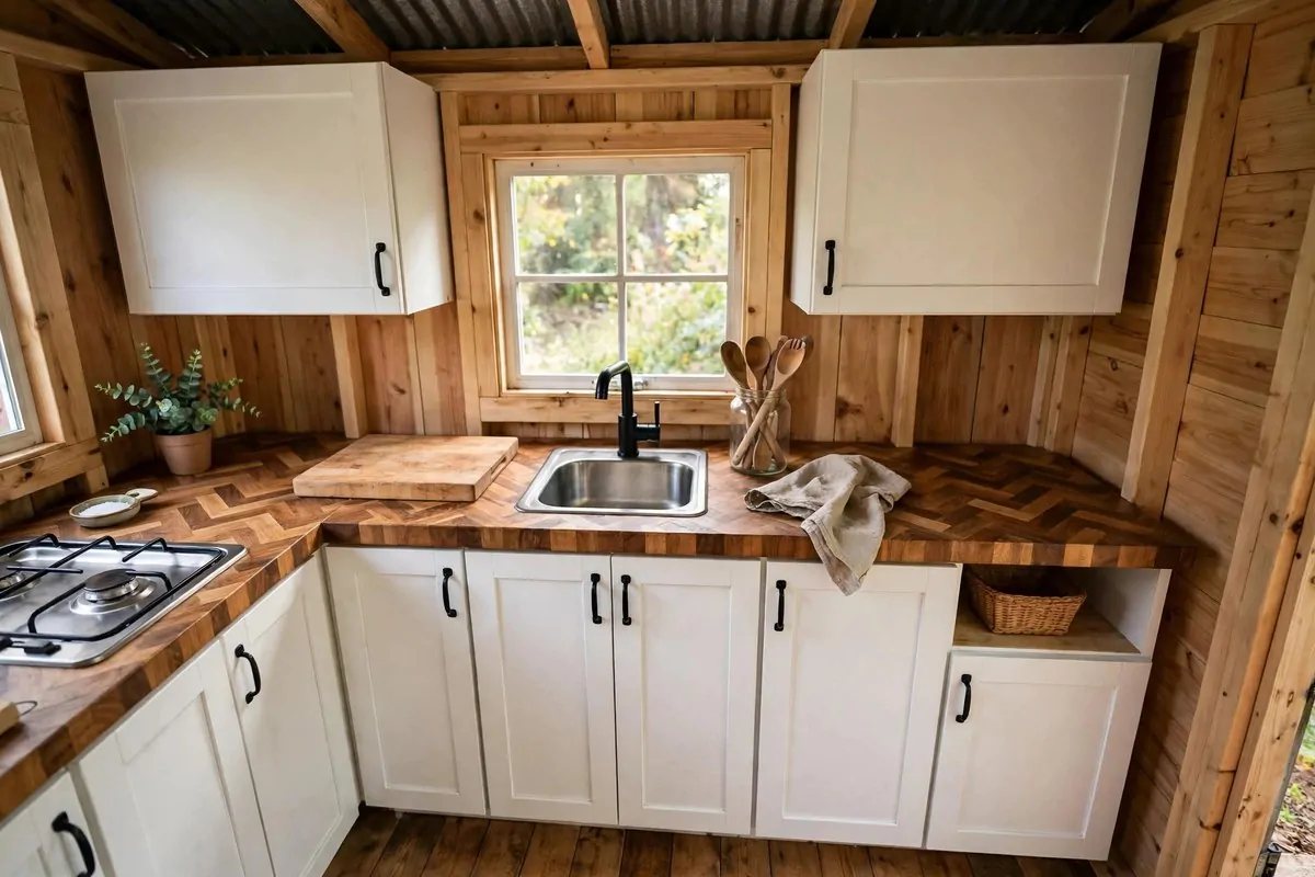 20 Tiny Home Ideas Interiors Shed Conversions That Look Like Dream Homes 2 Small shed kitchen with herringbone butcher block countertops and white cabinets