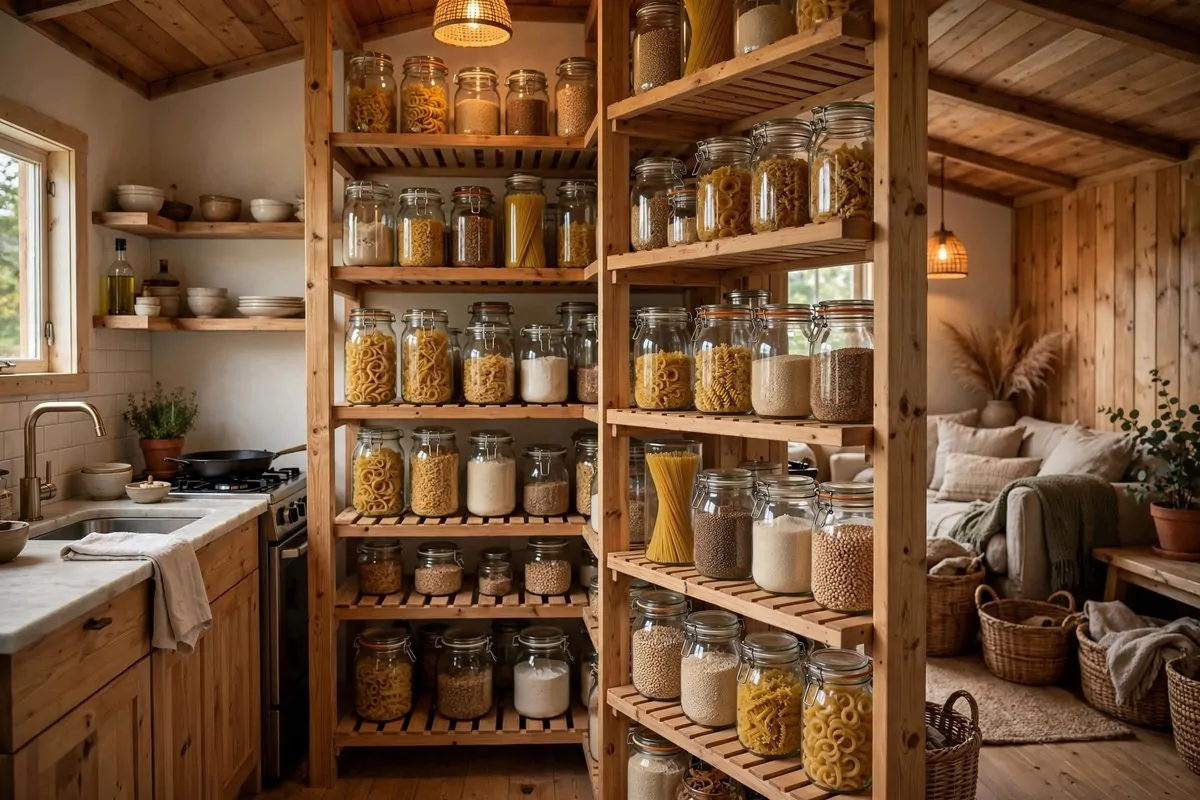 20 Tiny Home Ideas Interiors Shed Conversions That Look Like Dream Homes 3 Walk-in pantry used as a room divider with open shelves of jars in a shed home