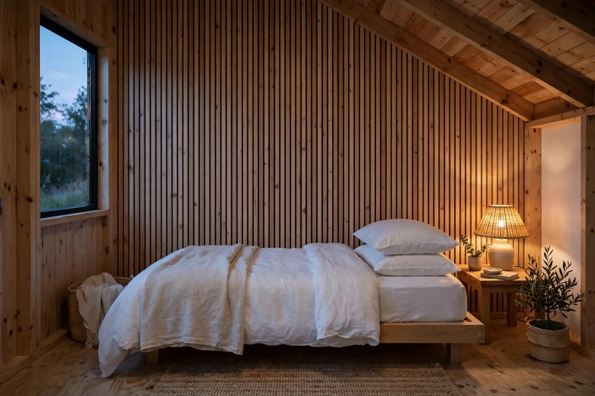 20 Tiny Home Ideas Interiors Shed Conversions That Look Like Dream Homes 4 Bedroom in a converted shed with a wood slat feature wall behind a low platform bed