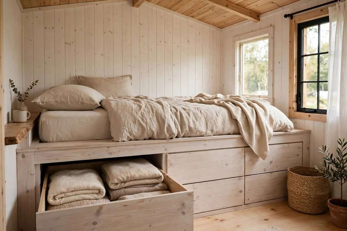 20 Tiny Home Ideas Interiors Shed Conversions That Look Like Dream Homes 5 Built-in platform bed with deep storage drawers in a shed tiny home bedroom