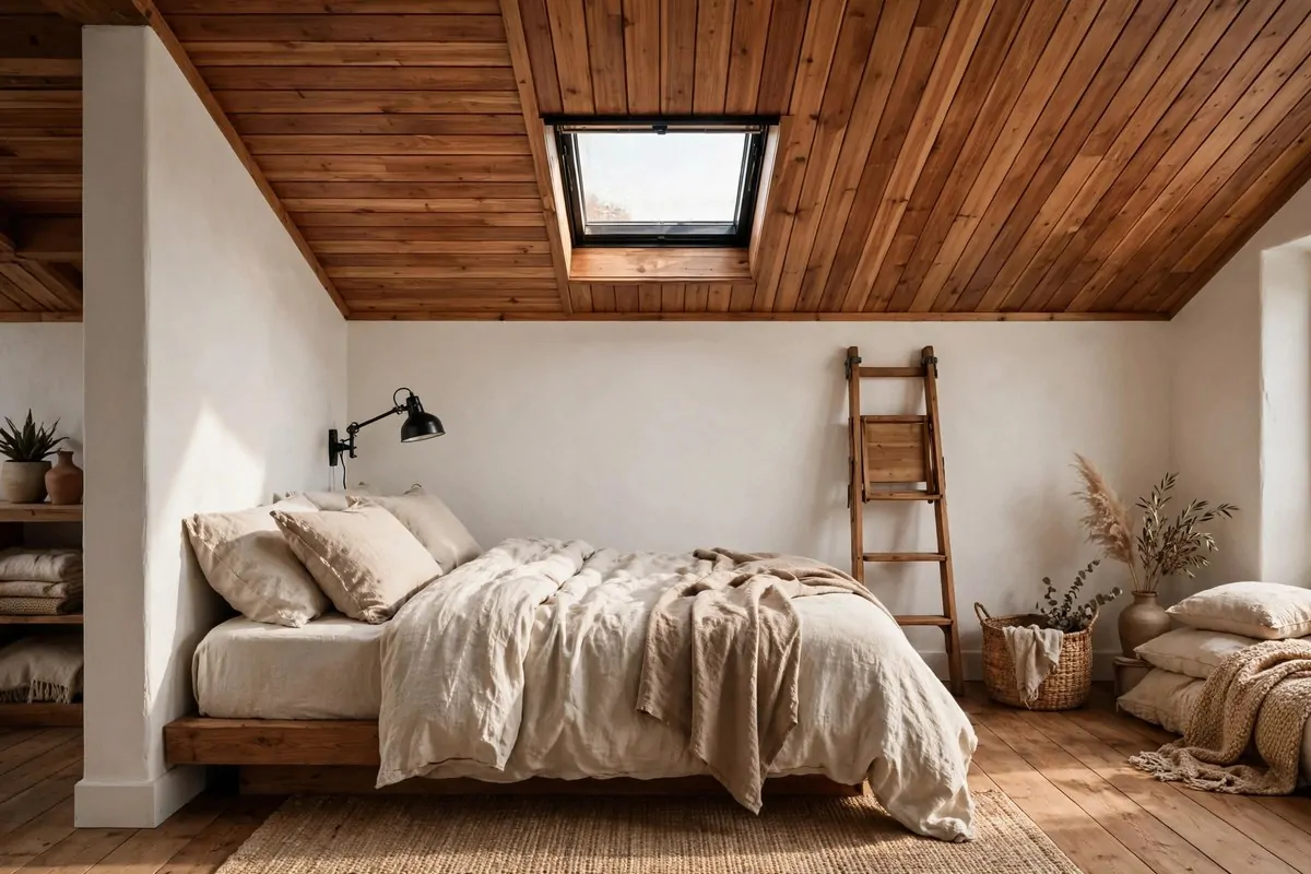 20 Tiny Home Ideas Interiors Shed Conversions That Look Like Dream Homes 6 Loft bedroom with warm cedar wood ceiling, foldable wooden ladder, and a small skylight