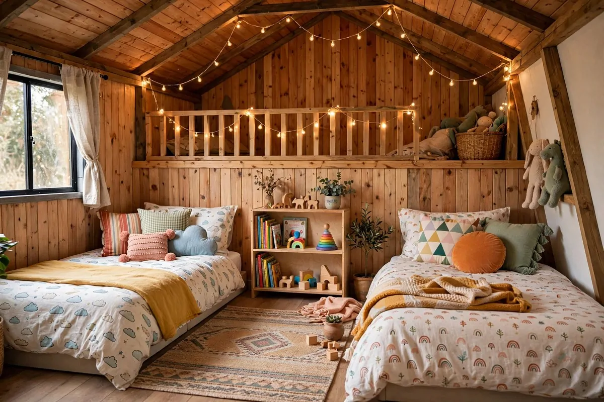 20 Tiny Home Ideas Interiors Shed Conversions That Look Like Dream Homes 7 Kids loft bedroom in a shed conversion with low floor beds, cushions, and a small bookshelf