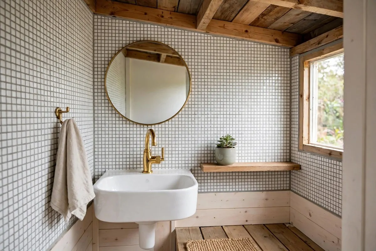 20 Tiny Home Ideas Interiors Shed Conversions That Look Like Dream Homes 8 Tiny shed bathroom with white mosaic tiles, grey grout, and a statement brass faucet