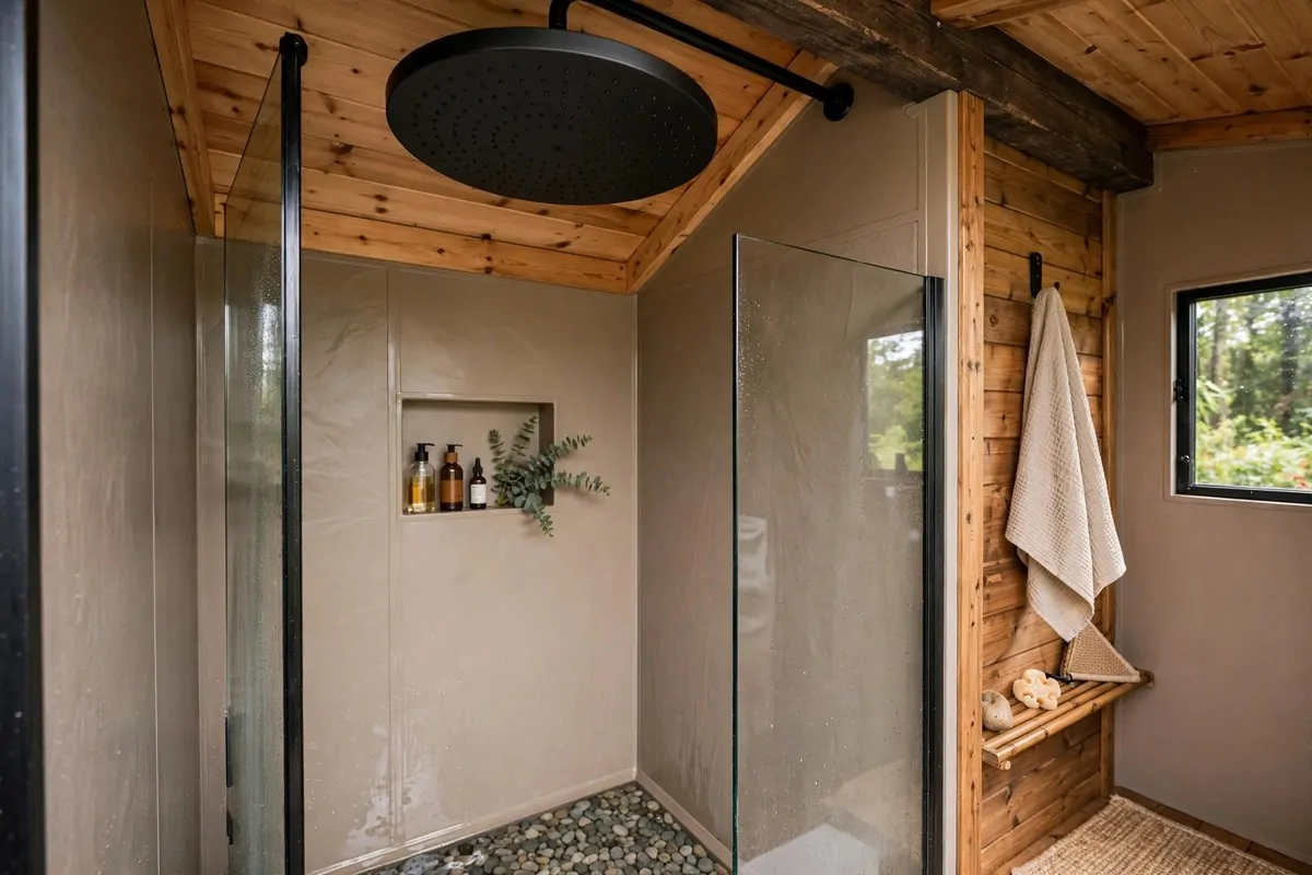 20 Tiny Home Ideas Interiors Shed Conversions That Look Like Dream Homes 9 Compact wet bath in a shed tiny home with an oversized rain shower head and glass partition