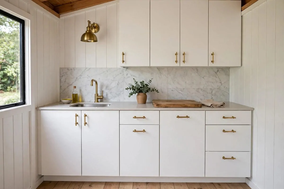 20 Tiny Home Ideas Interiors Shed Conversions That Look Like Dream Homes 10 Small shed kitchen with white cabinets, brass T-pull handles, and a metallic wall light