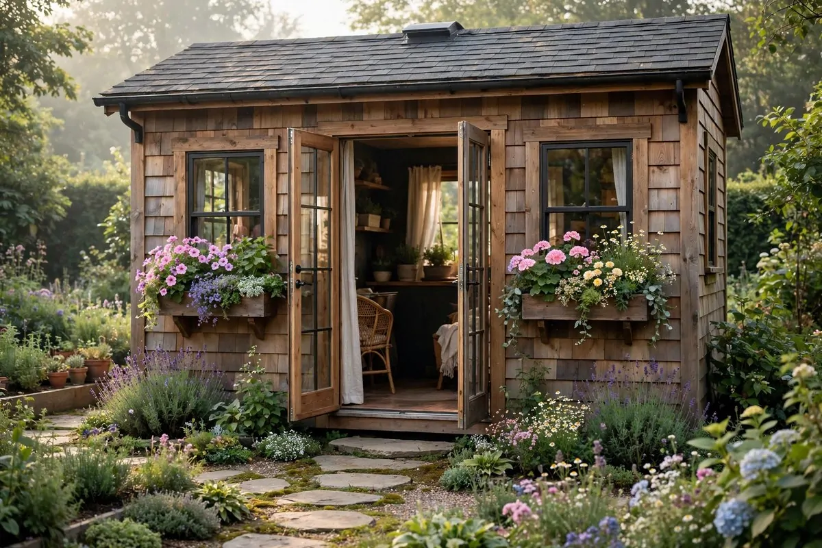20 Tiny Home Ideas Interiors Shed Conversions That Look Like Dream Homes 11 Shed tiny home exterior with glass double doors, flower window boxes, and a garden path