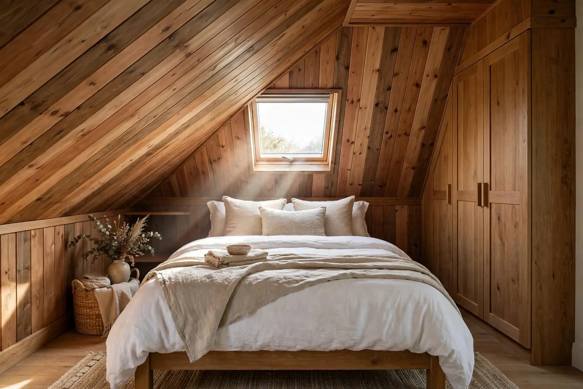 20 Tiny Home Ideas Interiors Shed Conversions That Look Like Dream Homes 12 Shed bedroom with slanted wood ceiling, skylight above the bed, and built-in wardrobe
