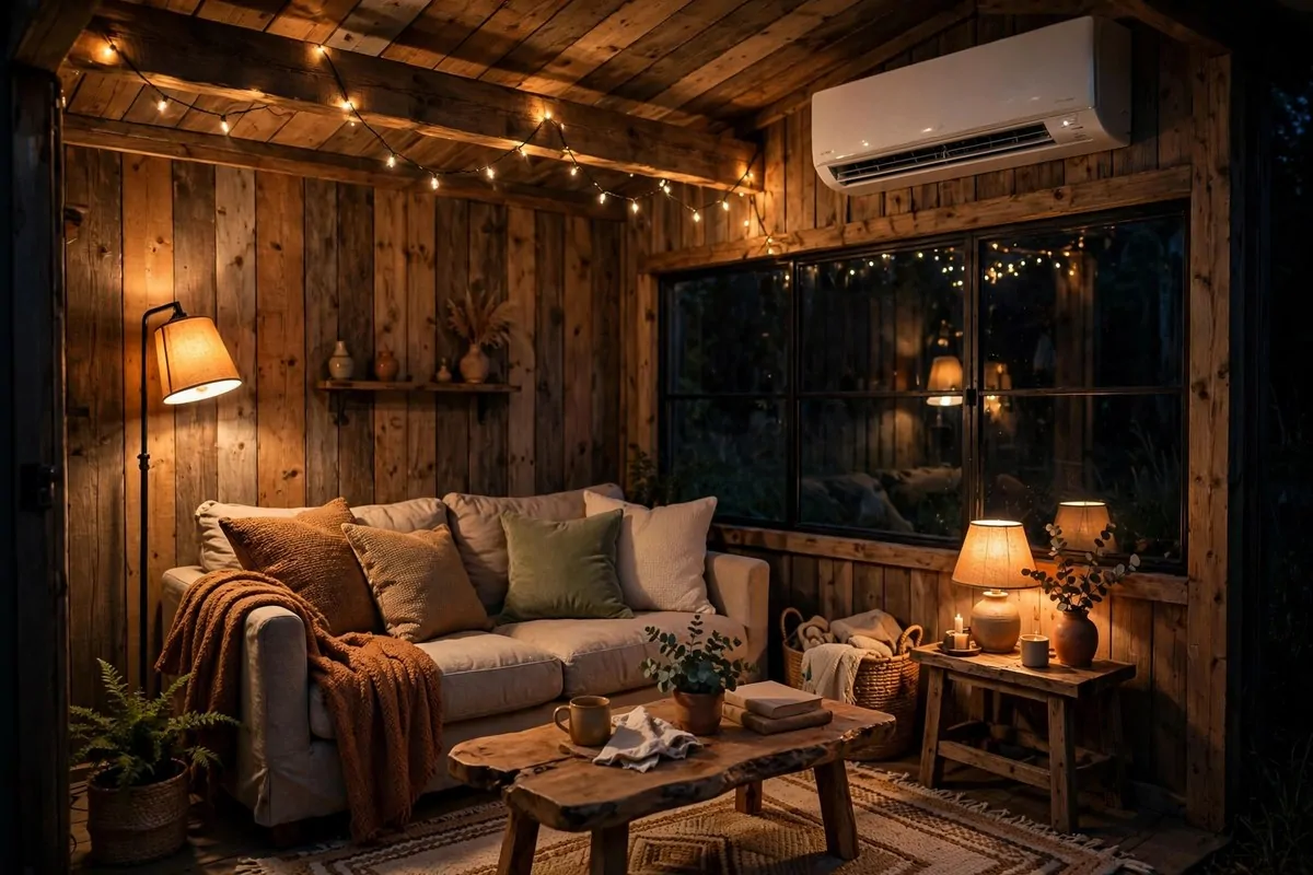 20 Tiny Home Ideas Interiors Shed Conversions That Look Like Dream Homes 13 Cozy shed living room in the evening with layered warm lamps, string lights, and a small sofa