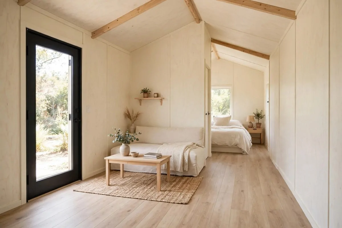 20 Tiny Home Ideas Interiors Shed Conversions That Look Like Dream Homes 14 Shed tiny home living area with continuous light wood vinyl plank flooring and cream painted walls