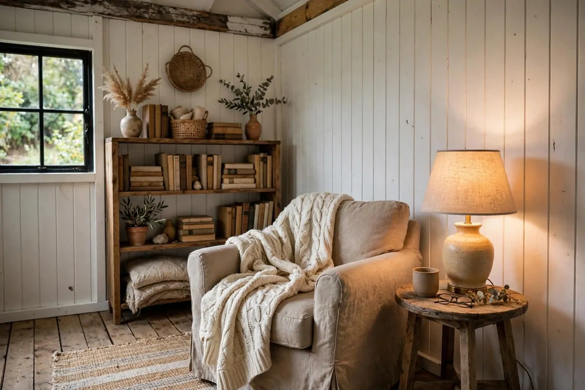 20 Tiny Home Ideas Interiors Shed Conversions That Look Like Dream Homes 15 Rustic shed interior with vertical lining board walls, cozy armchair, and warm lamp