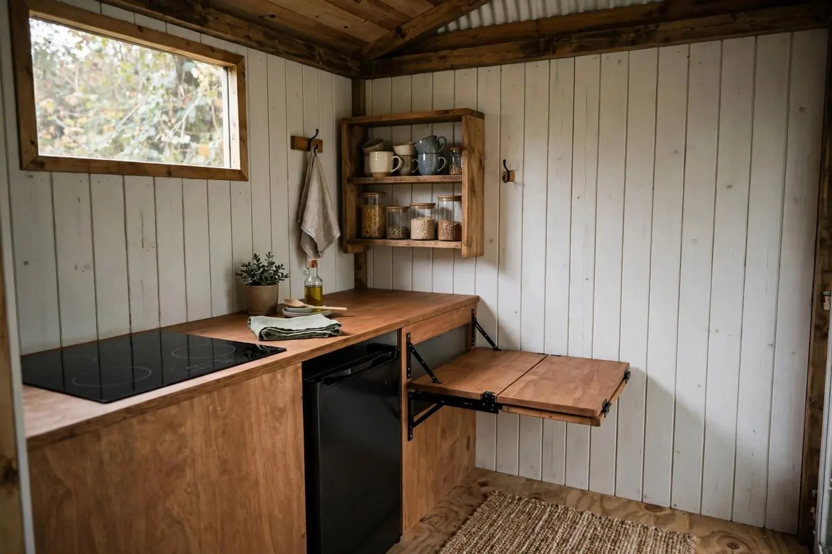 20 Tiny Home Ideas Interiors Shed Conversions That Look Like Dream Homes 16 Compact shed kitchenette with a single induction hob, mini fridge, and wooden open shelf