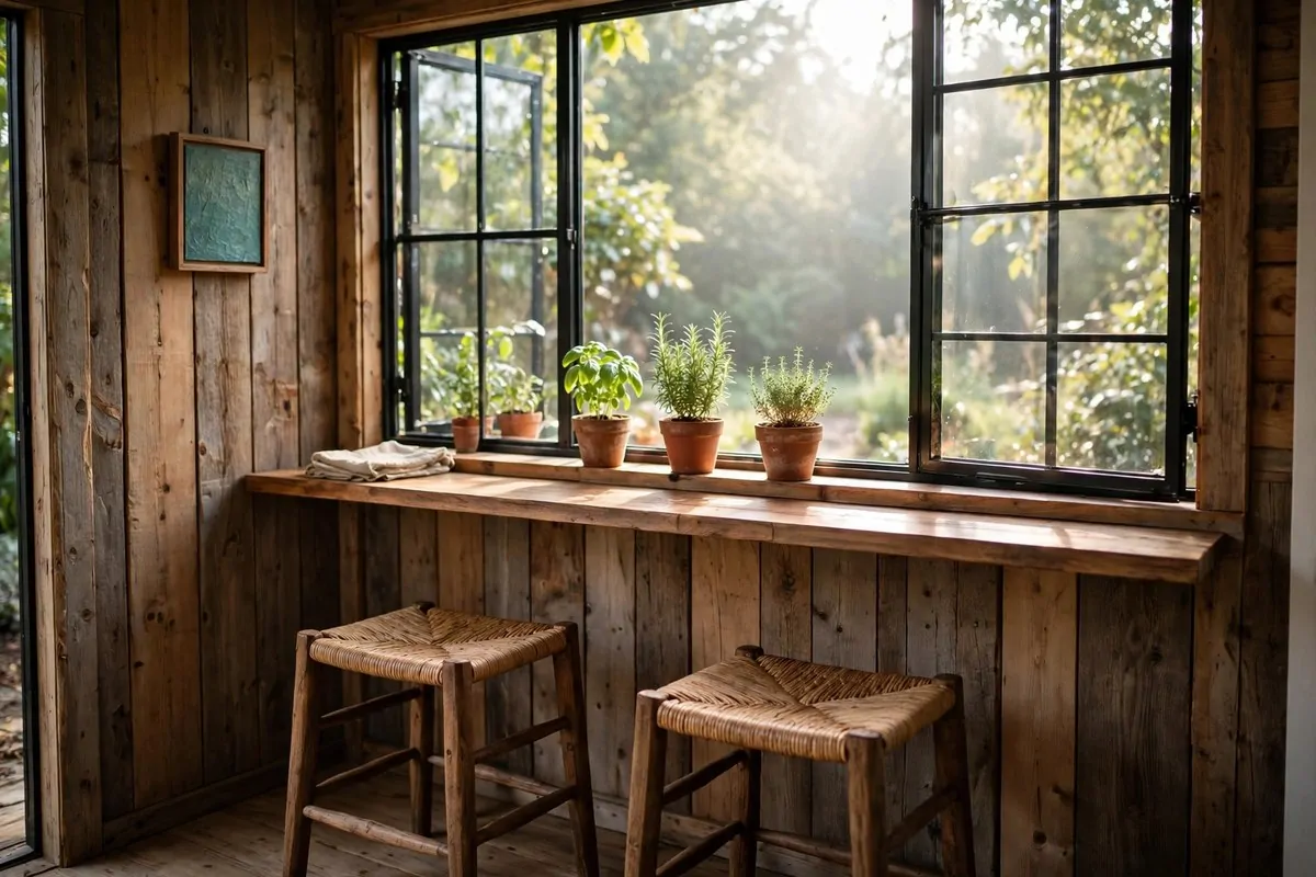 20 Tiny Home Ideas Interiors Shed Conversions That Look Like Dream Homes 17 Narrow bar counter with two stools by a large window in a shed tiny home, plants on the sill