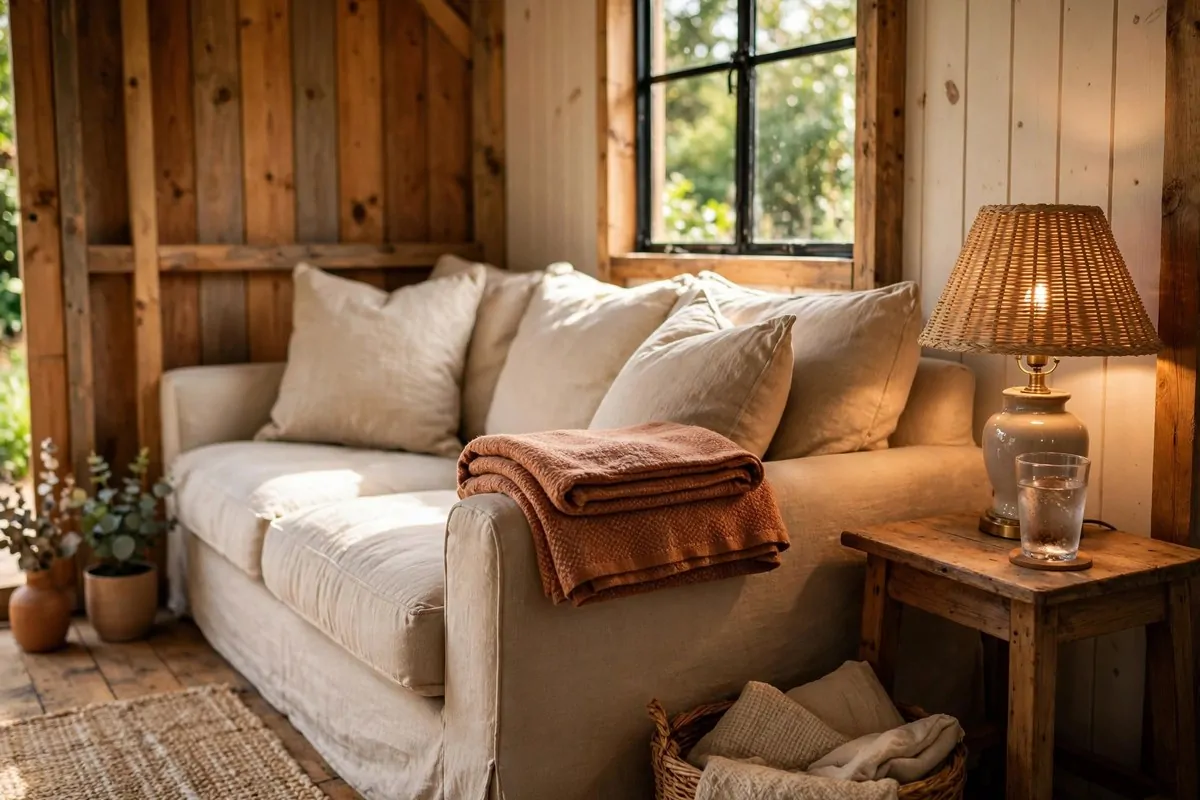 20 Tiny Home Ideas Interiors Shed Conversions That Look Like Dream Homes 18 Cozy shed living corner with a sleeper sofa, folded throw blankets, and plump cushions