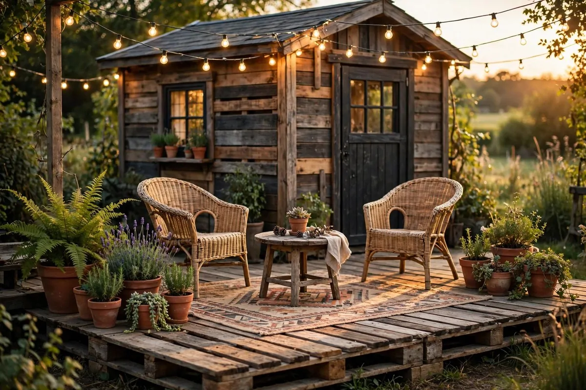 20 Tiny Home Ideas Interiors Shed Conversions That Look Like Dream Homes 19 Rustic pallet wood deck outside a shed tiny home with outdoor chairs, string lights, and garden plants