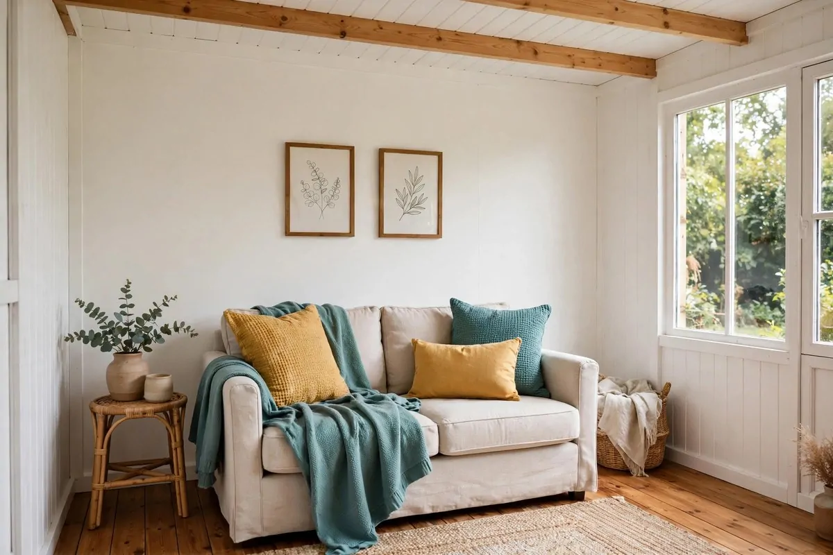 20 Tiny Home Ideas Interiors Shed Conversions That Look Like Dream Homes 20 Bright shed guest house interior with white walls, warm wood floor, and mustard yellow and teal cushions