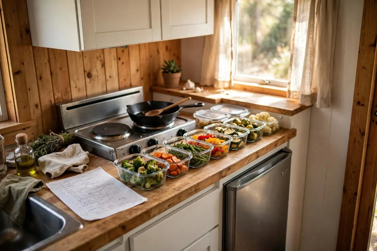 20 Tiny House Living Habits for Life in Under 400 Square Feet 5 Tall floating shelves with baskets, linens and a plant in a tiny house